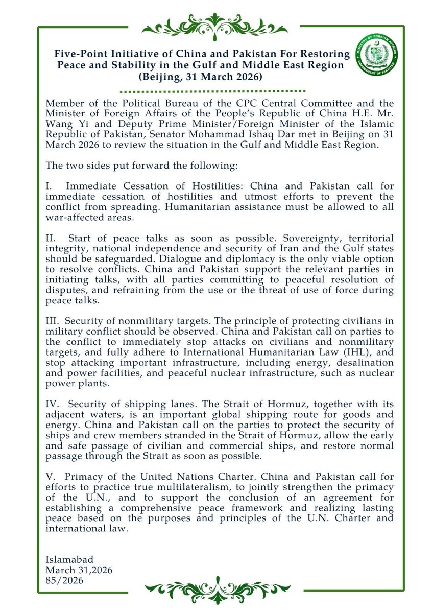 🚨 🚨 China-Pakistan have issued 5 points joint statement to end ongoing Middle East war.