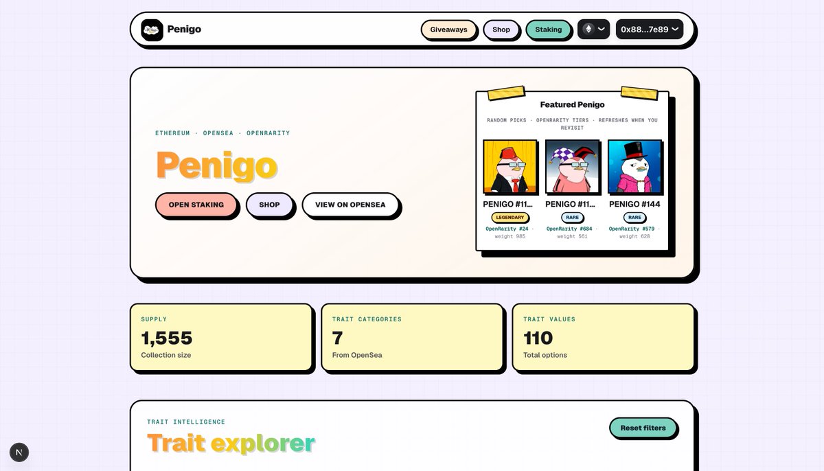 Full thread of the tool we’re building 🐧

Pengu Dashboard

Shoutout to <a href="/droply_io/">Droply</a> for helping us bring our first full-stack product to life. 

A single solution for everything:
• Giveaways
• Shop
• Staking / Revenue Share
• Trait Explorer

All in one seamless platform.