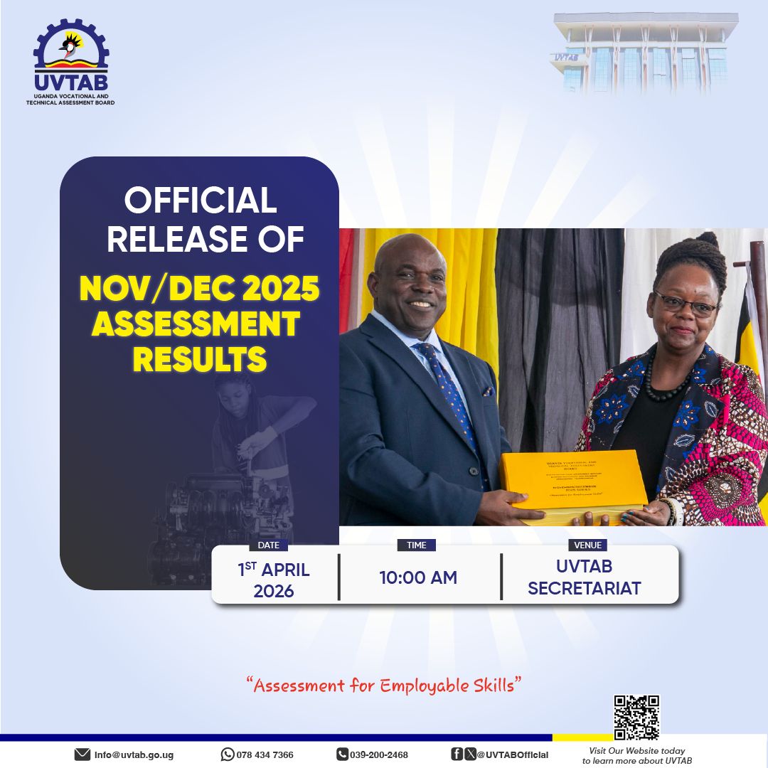 CONFIRMED : The Official Release of the November/December 2025 Assessment Results.
When: 1st April 2026
Where: UVTAB Secretariat
Time: 10:00 AM

Details on how to watch us live will be shared, stay tuned for more details on this. Thank you.
#UVTABResults #UVTAB #TVETAssessment