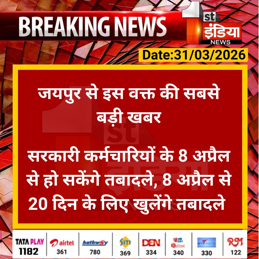 1stIndiaNews's tweet photo. जयपुर से इस वक्त की सबसे बड़ी खबर 

सरकारी कर्मचारियों के 8 अप्रैल से हो सकेंगे तबादले, 8 अप्रैल से 20 दिन के लिए खुलेंगे तबादले 

#RajasthanWithFirstIndia #JaipurNews @RajGovOfficial https://t.co/KTysYk0EUk
