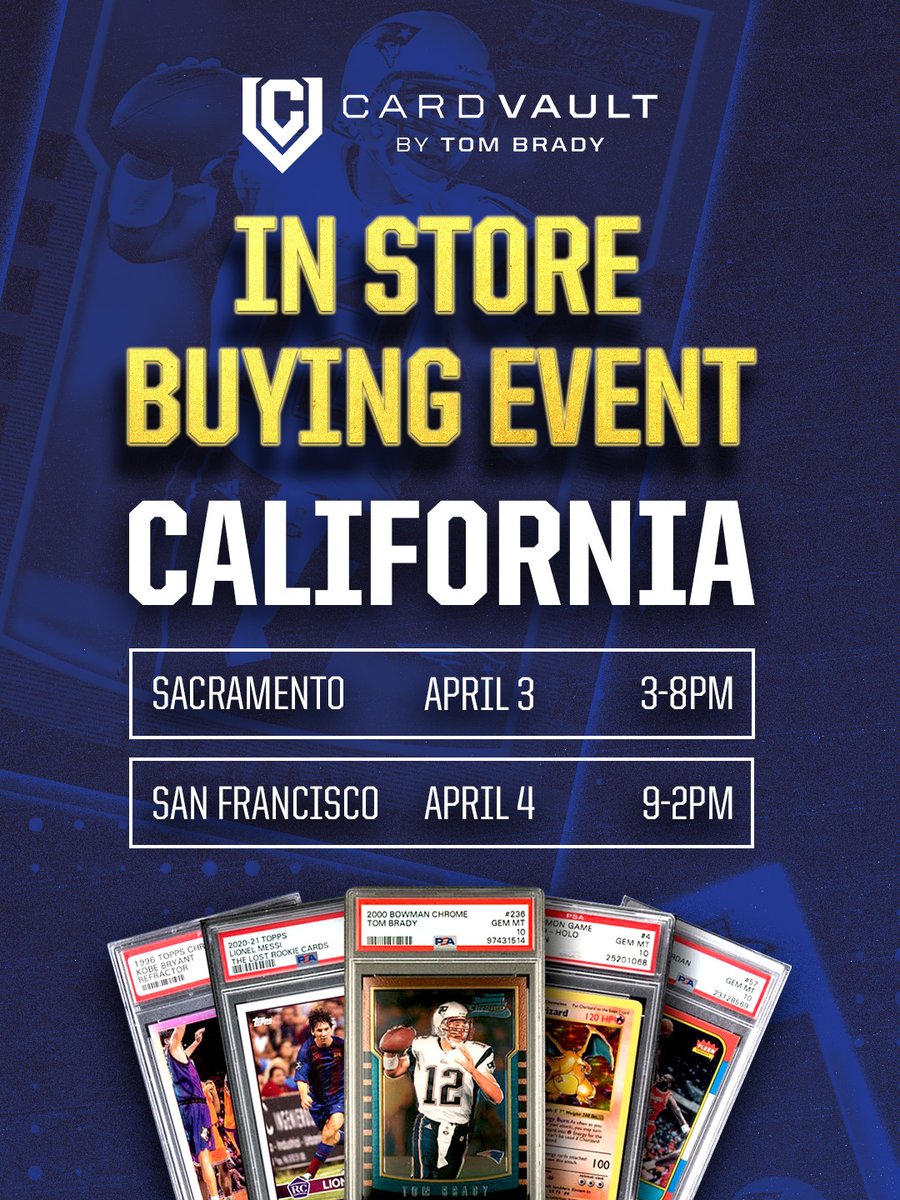 CardVaultTB's tweet photo. CALIFORNIA ☀️ We want to buy your cards 💰 Join our buying team in Sacramento 4/3 from 3pm-8pm or San Francisco 4/4 from 9am-2pm and get CASHED OUT ON THE SPOT 🤑 https://t.co/9l3GlE8Wz9