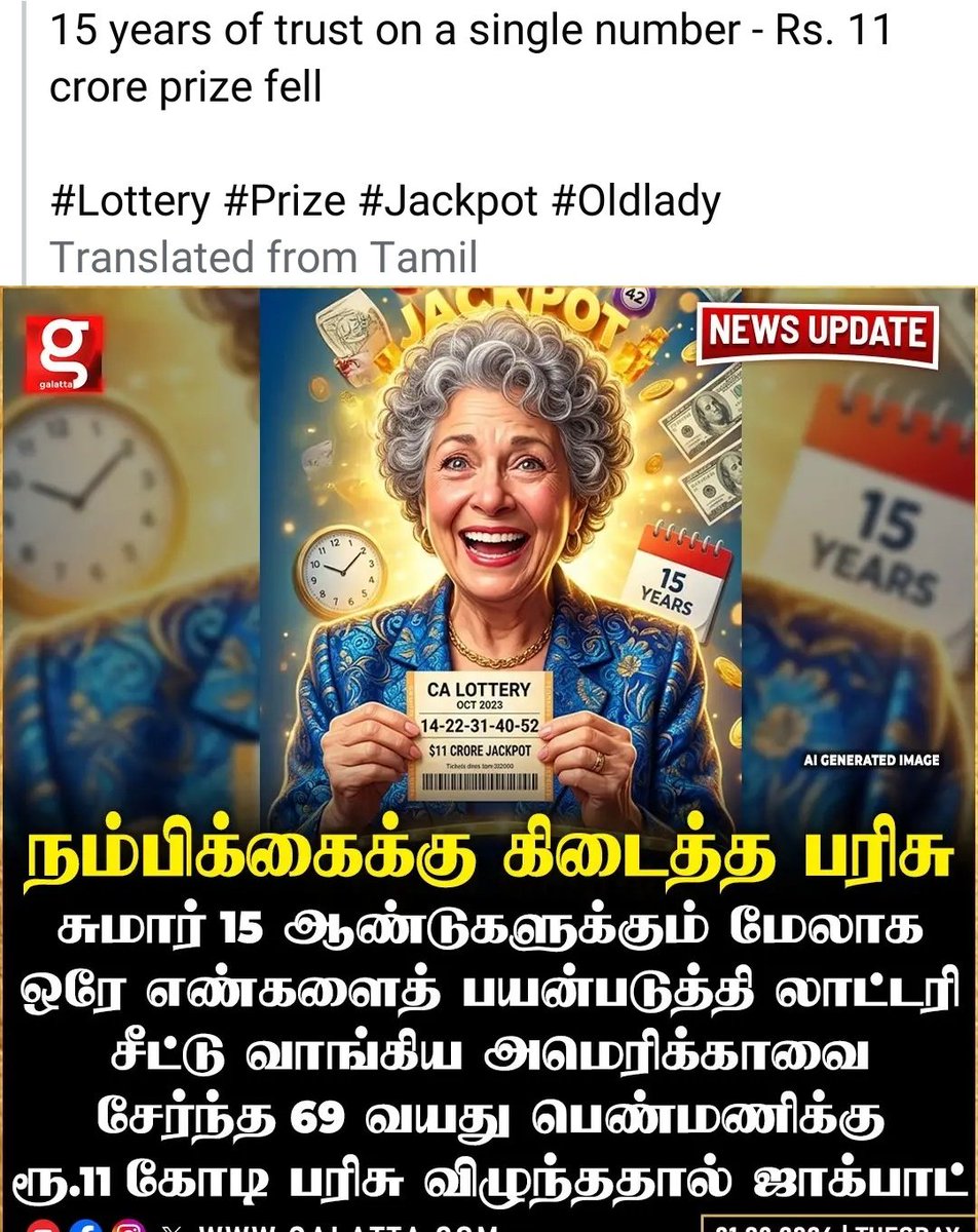 KartickSiv30159's tweet image. ஒரே எண் மீது 15 ஆண்டு வைத்த நம்பிக்கை - விழுந்த ரூ.11 கோடி பரிசு 

#Lottery #Prize #Jackpot #Oldlady
