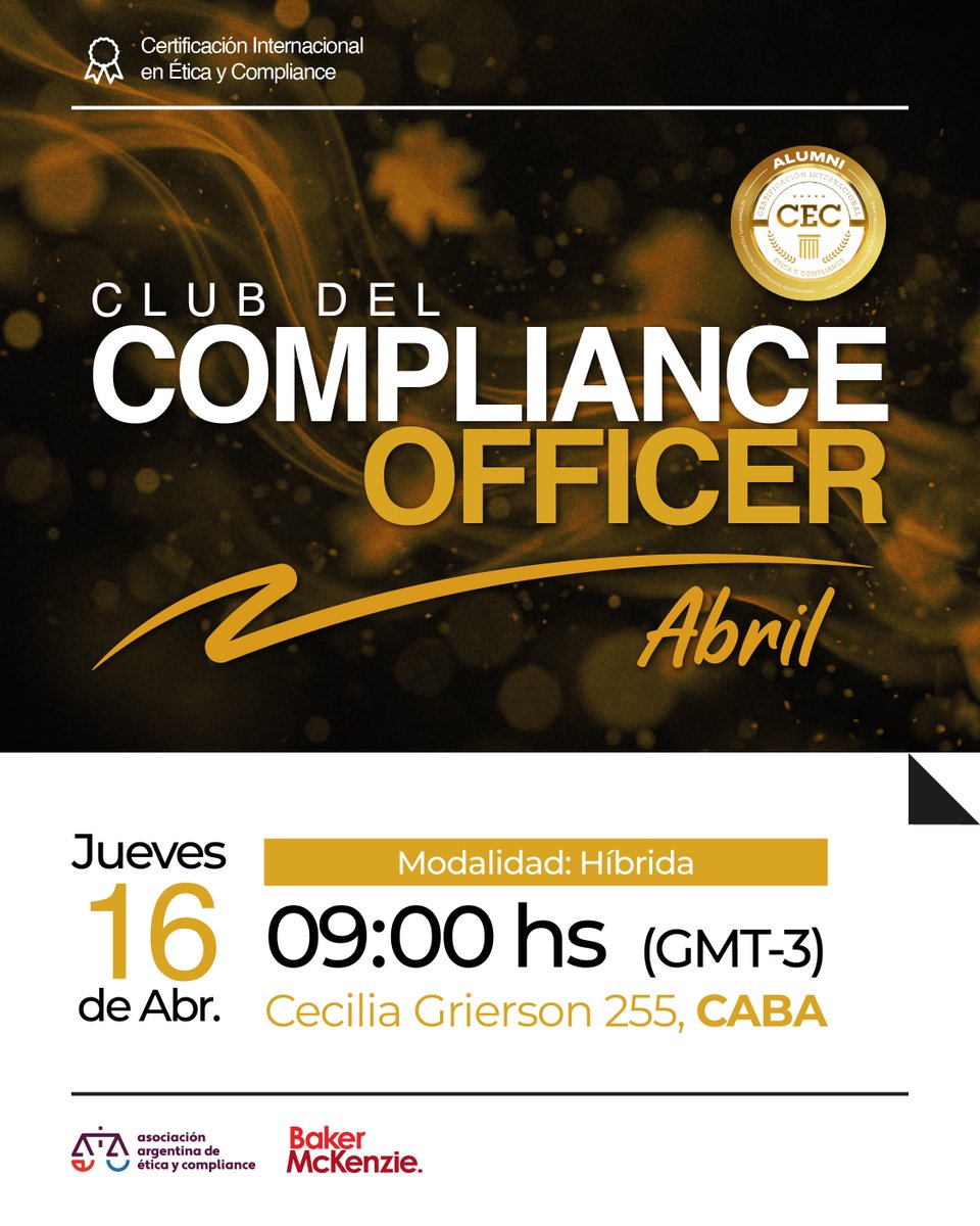 AAECOMPLIANCE's tweet photo. ☕ ¡Nuevo Club del Compliance Officer exclusivo Alumni CEC!

Marta Monacci recibe a @silcoria  (OPAQ) y Sol Pascolatti. Anfitrión: @bakermckenzie .

🗓️ 16/04 ⏰ 9:00 hs (GMT-3) 📍 Híbrido (C. Grierson 255)
🔗 Inscribite: https://t.co/UPDjXbSYBG

#Compliance #AlumniCEC #AAEC https://t.co/oOvT5GeFTD