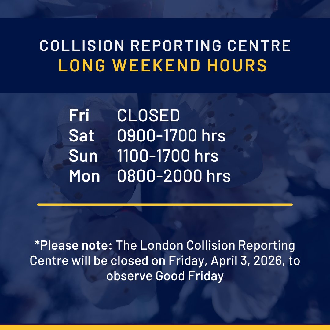 lpsmediaoffice's tweet image. Please be advised that the Collision Reporting Centre will be closed on Friday, April 3, 2026, in observance of Good Friday. 🌷 

Regular hours of operation will resume on Saturday. #LdnOnt