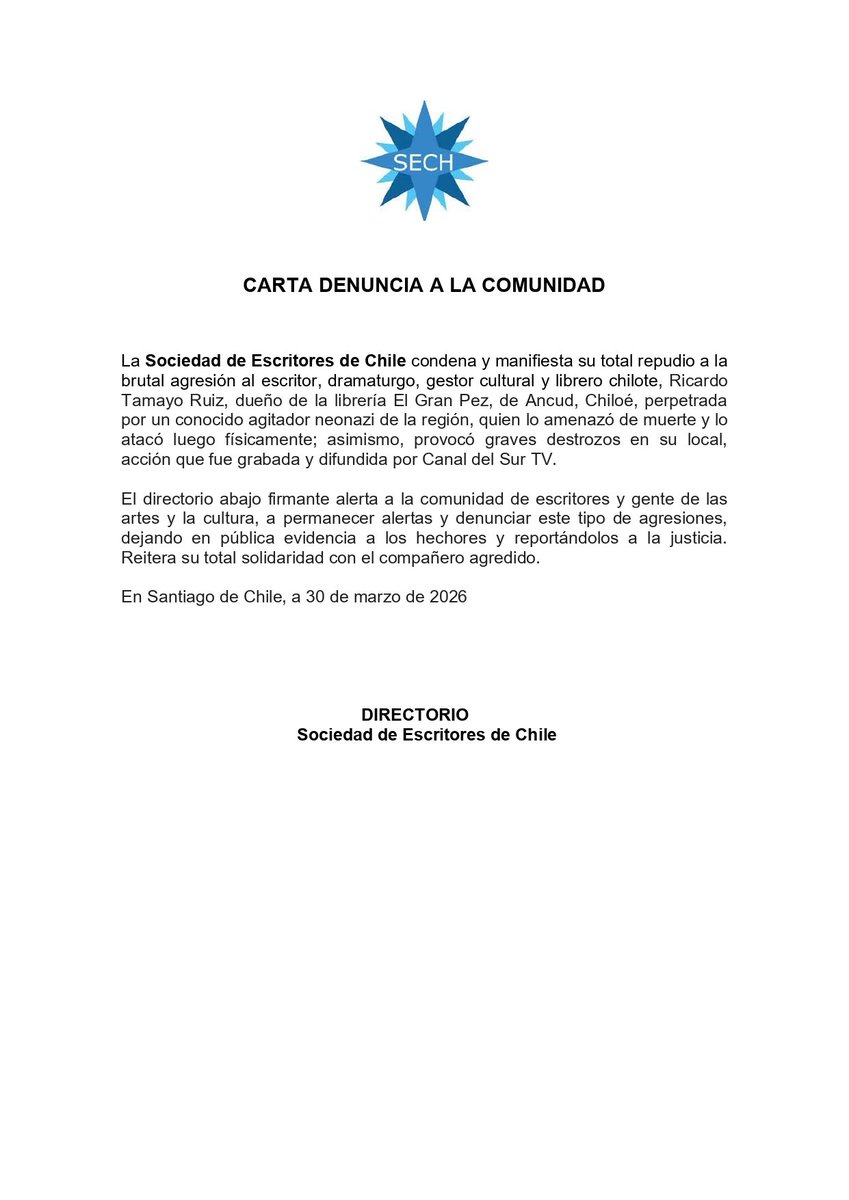 Ataque neonazi a escritor y dramaturgo chilote. Destruyeron parte de su librería y fue amenazado de muerte. El neonazi, es un reconocido agitador de la zona.
El hecho fue mostrado por Canal del Sur TV de la zona y la <a href="/sechoficial/">SECH</a> denunció a través de comunicado el delicado hecho.