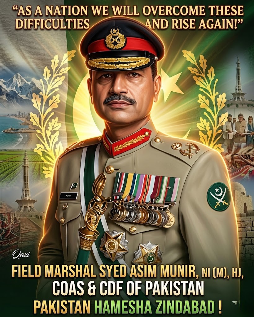 Field Marshal Syed Asim Munir, NI (M),HJ, COAS &amp; CDF of #Pakistan

“As a nation we will overcome these difficulties and rise again!”

Pakistan Hamesha Zindabad !