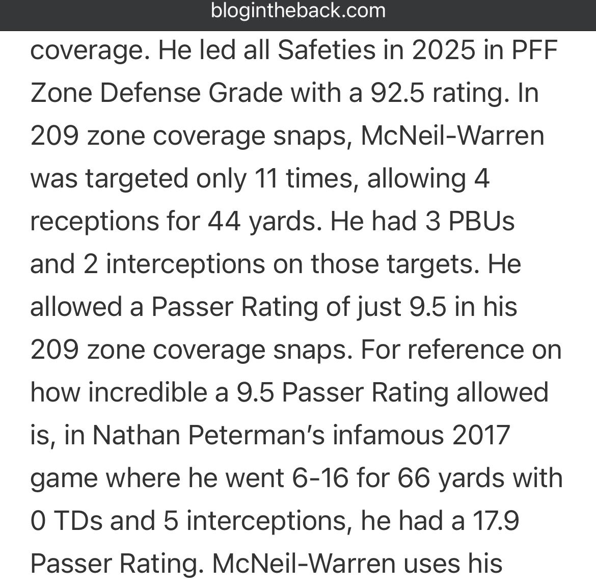 kelleypeter16's tweet photo. @Marcus_Mosher @NoFlagsFilm Wrote about McNeil-Warren in my mock today. His 92.5 PFF Zone Coverage Rating was first among Safeties, and he allowed just a 9.5 Passer Rating in 209 zone coverage snaps in 2025. If used correctly, he can be a monster. https://t.co/6BeCXXJMl5