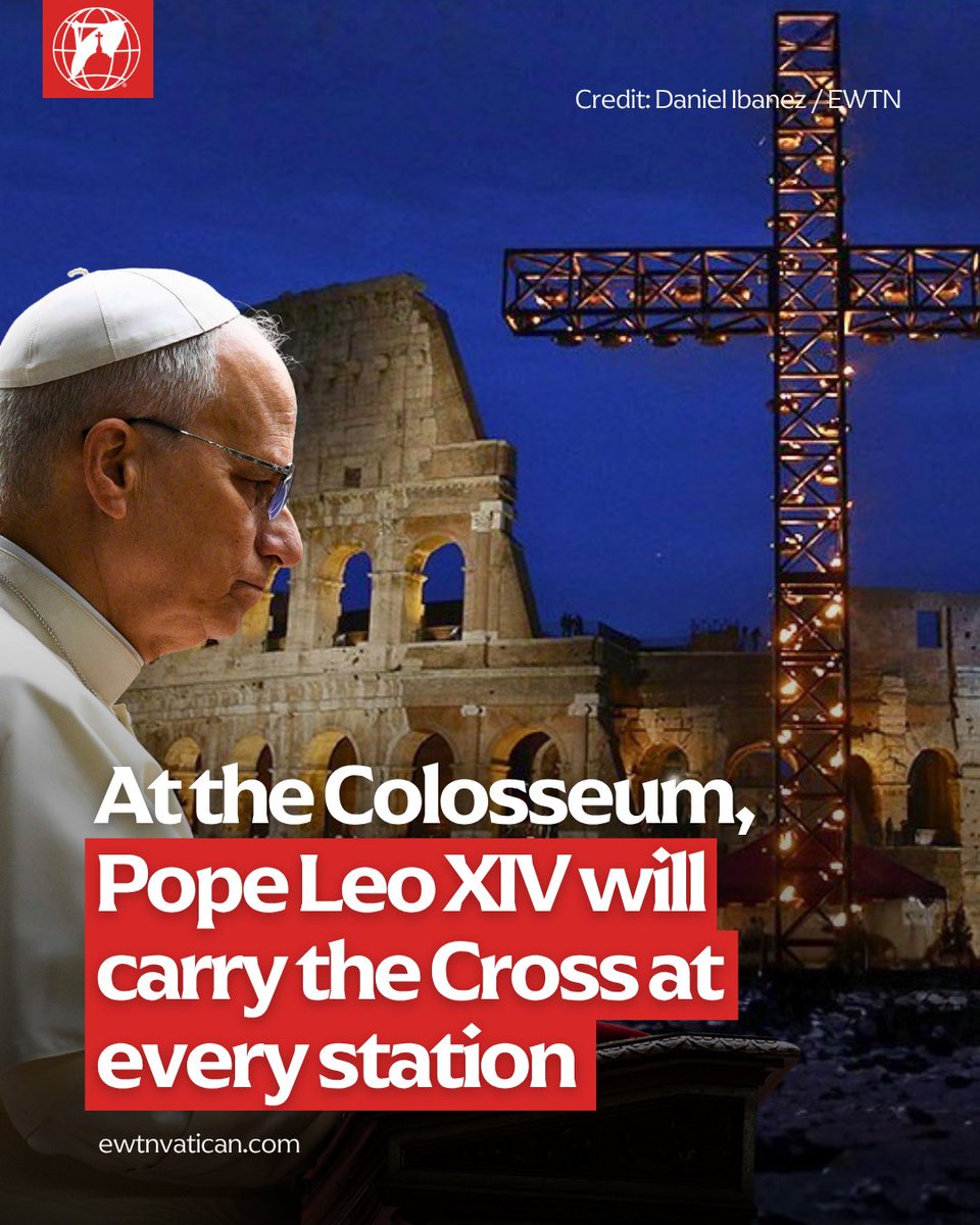 EWTNVatican's tweet image. On Friday, April 3, at the Colosseum, Pope Leo XIV will preside over the Stations of the Cross during his first Holy Week as Pontiff. But there is one element that makes this rite even more significant: he will personally carry the Cross through all 14 stations.

A powerful,