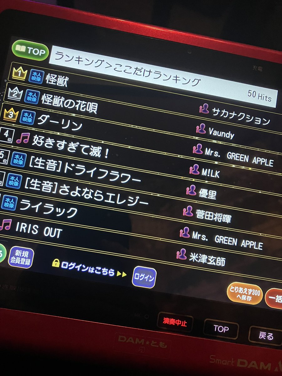 カラオケ館　江古田店ランキング
1位🎉怪獣　サカナクション