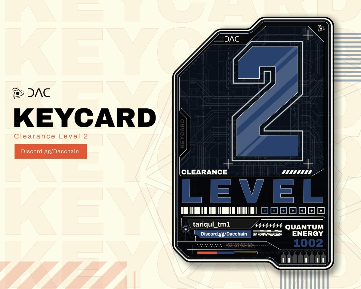 Tariqul_tm1's tweet image. Major Milestone Reached.

​Just upgraded my DAC Keycard to Clearance Level 2 and I’m officially sitting on 1002 QE. The grind is paying off! 💎
​Don’t get left behind—get in early:
🔗 discord.gg/dacchain
​#DAC #Crypto #Web3