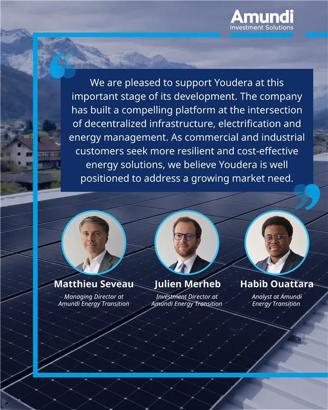 vn_group's tweet photo. Amundi annonce un investissement stratégique dans la société suisse Youdera Group, que nous accompagnons depuis 2018 (seed).

Cet investissement soutiendra un plan de déploiement de 150 millions d'euros dans l'infrastructure d'énergie décentralisée à travers l'Europe.  👏👏👏 https://t.co/gX6ly8xiIU