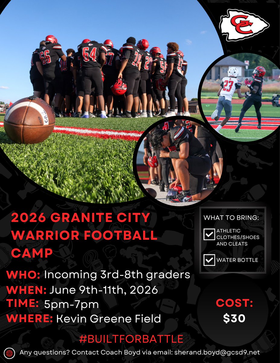 GraniteFB's tweet image. 🏈 2026 Granite City Warrior Football Camp

Granite City Football is excited to host our annual youth camp for incoming 3rd–8th graders!

📅 June 9–11
⏰ 5:00–7:00 PM
📍 Kevin Greene Field
💲 $30

Please bring athletic clothes, cleats/shoes, and a water bottle.

#BuiltForBattle