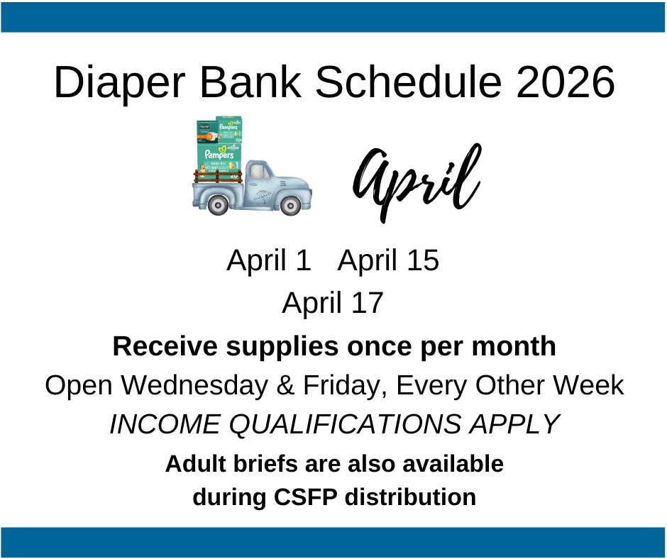 Reminder! We will be closed on Friday, April 3rd. The Diaper Bank will be open tomorrow, Wednesday, April 1st only this week, and will be available again the 15th and 17th. 323 Water Street, 9am-3pm. 269-673-5472 ext. 258.