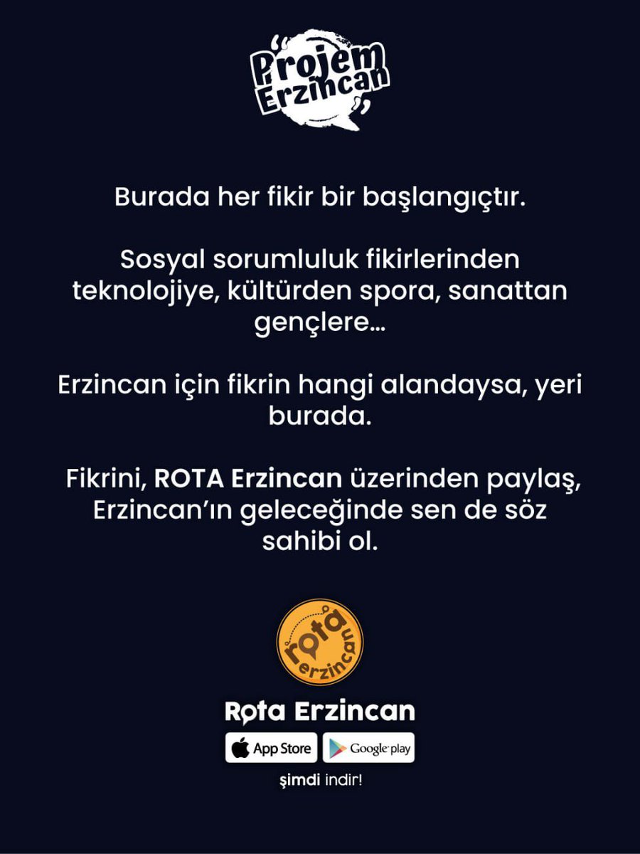 ervalilik's tweet image. Burada her fikir bir başlangıçtır.

Sosyal sorumluluktan teknolojiye,
kültürden spora, sanattan gençliğe…

Erzincan için fikrin hangi alandaysa,
yeri burada.

Proje fikrini ROTA Erzincan üzerinden paylaş,
Erzincan’ın geleceğinde sen de söz sahibi ol.

#proje #rotaerzincan