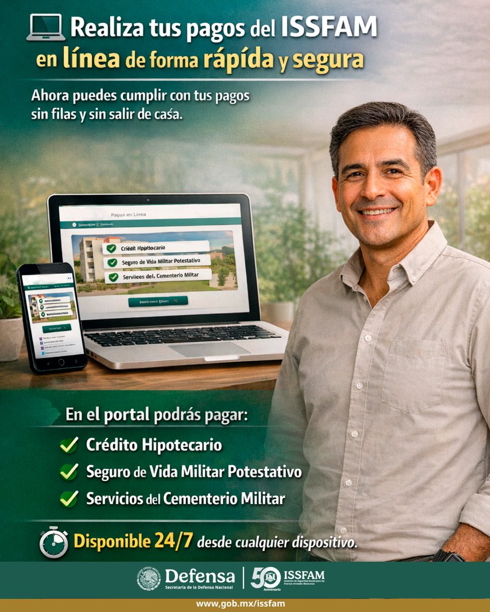 Evita filas y ahorra tiempo con Multipagos ISSFAM. 💳⏱️

Ahora puedes realizar tus pagos en línea de forma rápida y segura, desde cualquier dispositivo y a cualquier hora.
¡Sin salir de casa y sin complicaciones!
👉 Paga en línea aquí: webapp.issfam.gob.mx/IsPag/ux/

#ISSFAM #Multipagos