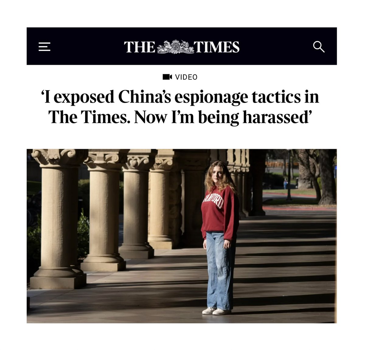 Byron_Wan's tweet image. In Aug 2025, Elsa Johnson, a Stanford student, wrote a piece for The Times about how members of the CCP tried to recruit her as a spy. Since then, the junior, who is majoring in East Asian Studies, has faced a wave of harassment from Mandarin speakers who have called her and