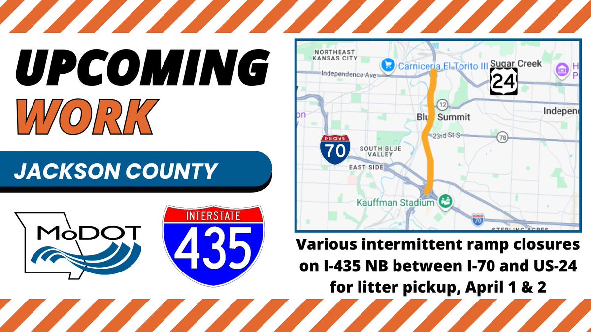 CityofRaytown's tweet image. Ramp Closure Alert, Raytown!

Tomorrow (4/1) &amp;amp; Thursday (4/2) MoDOT will close various ramps intermittently on I-435 between I-70 &amp;amp; US-24 for litter pickup.

#Raytown