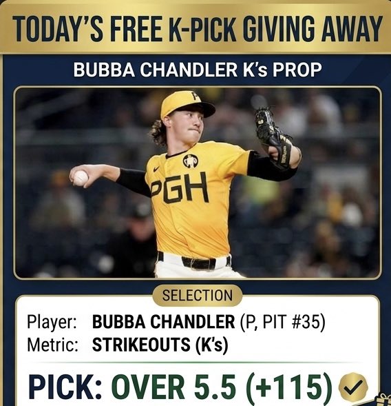 baseballnerdai's tweet photo. FREE PICK. Backing Bubba Chandler against the Reds. Chandler had about 1k per inning in a few appearances last year, and he gets to face a Reds lineup with a high strikeout rate. Expecting the young pitcher for 6k’s and we get this at + odds! https://t.co/DloV85PynG