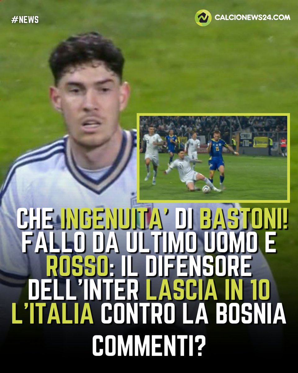 CalcioNews24's tweet photo. 😰 Un'espulsione che potrebbe costare carissimo! Finisce 0-1 il primo tempo di #BosniaItalia, ma gli azzurri sono in 10 uomini per il rosso a #Bastoni, che atterra #Memic in campo aperto

#calcionews24 https://t.co/dwnVH9KFve