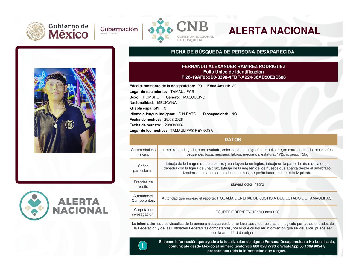 Busqueda_MX's tweet photo. AlertaNacional de Búsqueda  ⚠️
Solicitamos apoyo para localizar a las siguientes personas. 
Si tienes información comunícate.
Desde México: 800 028 77 83
WhatsApp 55 1309 9024
Desde otro país: 182 52 62 31 09 
#Veracruz #Tamaulipas #Sinaloa https://t.co/s3Dx5LtnS2