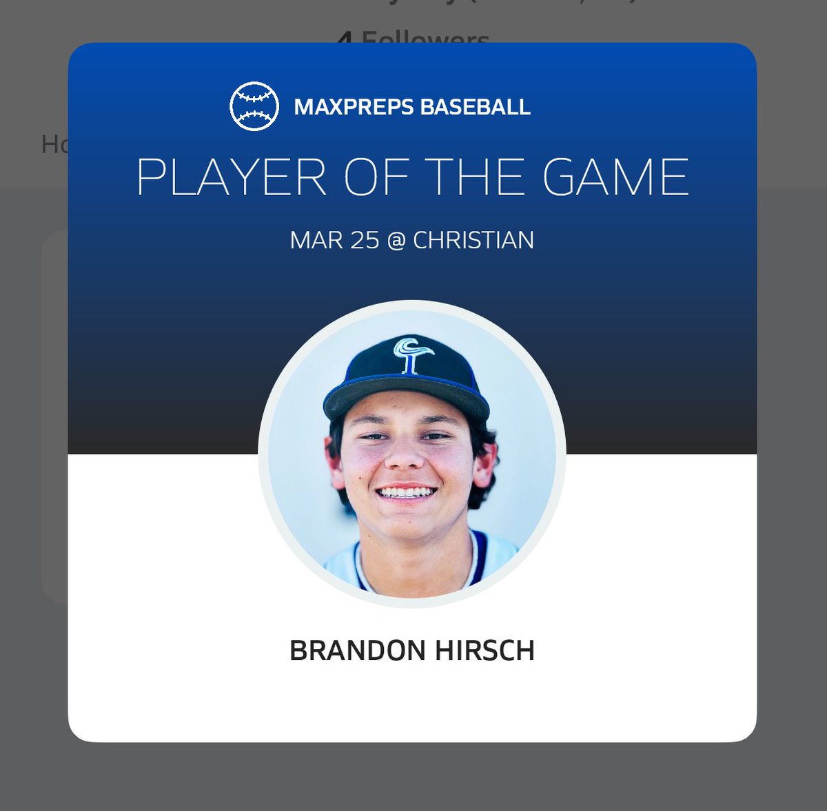 BrandonHirsch55's tweet photo. Player of the Game – @MaxPreps 

Stats:
2-4 | 2B | 3B | 2 RBI | 2 R

#MaxPreps #Baseball #Stats https://t.co/OASKPg2pZg