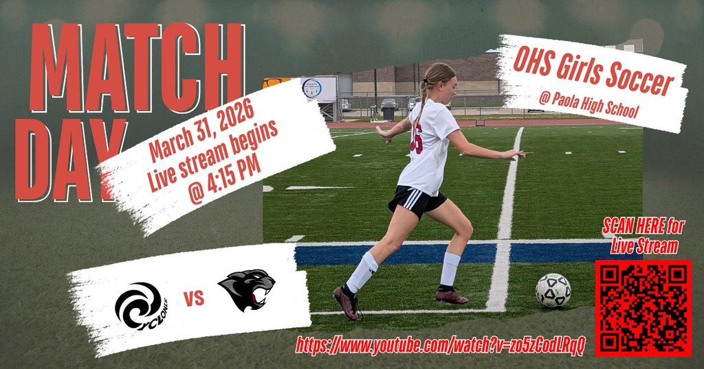 OHSActivities's tweet image. OHS Girls Soccer at Paola will be livestreamed this afternoon. Either scan the QR code or go to the YouTube address! Please remember the Varsity will play at 4:30 due to the potential for bad weather later this evening. Go Cyclones! #CyclonePride #cyclONEnation