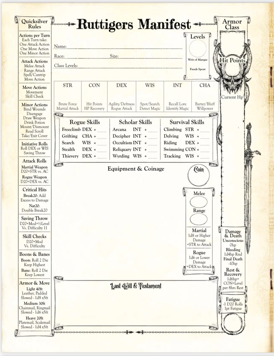 The updated Ruttigers character sheet.

This is for the Quick Start rules, so we built lots of quick reference rules into the sheet.

We’ll be releasing the Quick Start rules this week via BackerKit (link in my BIO up top!).

Let me know what you think!