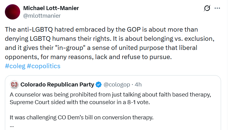 schotts's tweet image. Labeling this as "anti-LGBTQ hatred" ignores what #SCOTUS ruled: a 1A issue about compelled speech. 

@mlottmainer can disagree with the outcome, but reducing it to hate both wrong and inciting violence.

#copolitics 

Also, your view that the GOP (broadly) is some monolithic