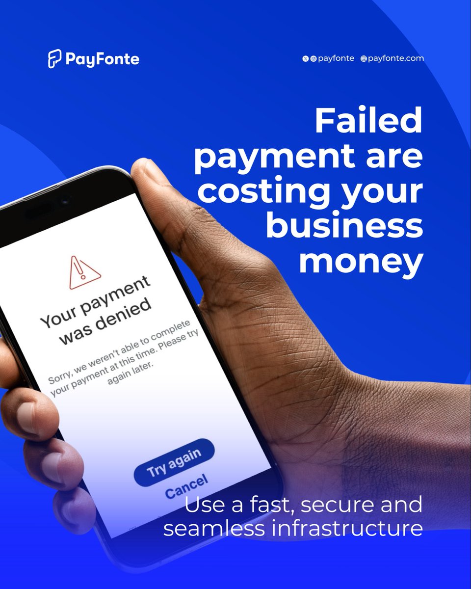 payfonte's tweet photo. Failed payments aren’t just errors they’re lost revenue.
If your system fails, your sales do too.

Smart businesses don’t rely on one route.
They build systems that keep payments flowing.

Upgrade your payment  with Payfonte, 👇🏾👇🏾Link in bio/Payfonte.com

#Payfonte #SMEGrowth https://t.co/N0ef4VyIuG