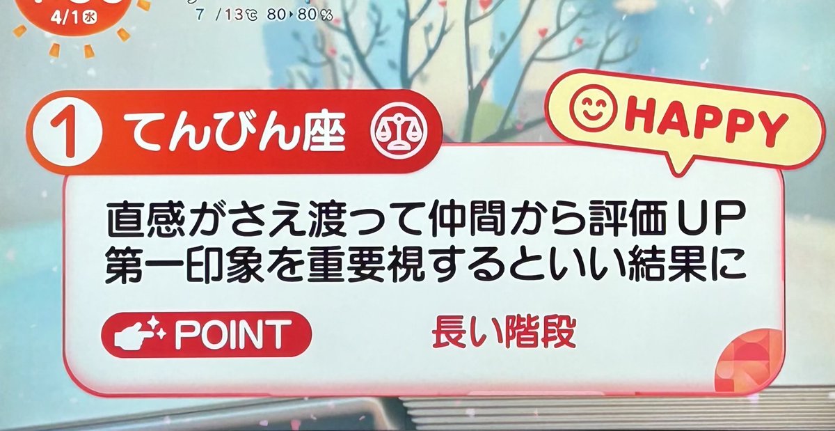おれんおれん様❤確認ページ❤ 4月1日(水)めざまし占い おはようございます 早起きしたのでこっそり
