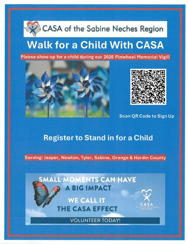 casasnr's tweet photo. Sign up with CASA of the Sabine Neches Region to Walk for a Child at the Memorial Vigil's in Orange, Hardin, Tyler, Jasper. Newton &amp; Sabine Counties in Texas 
Child Abuse Prevention Month - CASA OF THE SABINE NECHES REGION https://t.co/i8ngs8gQCF
