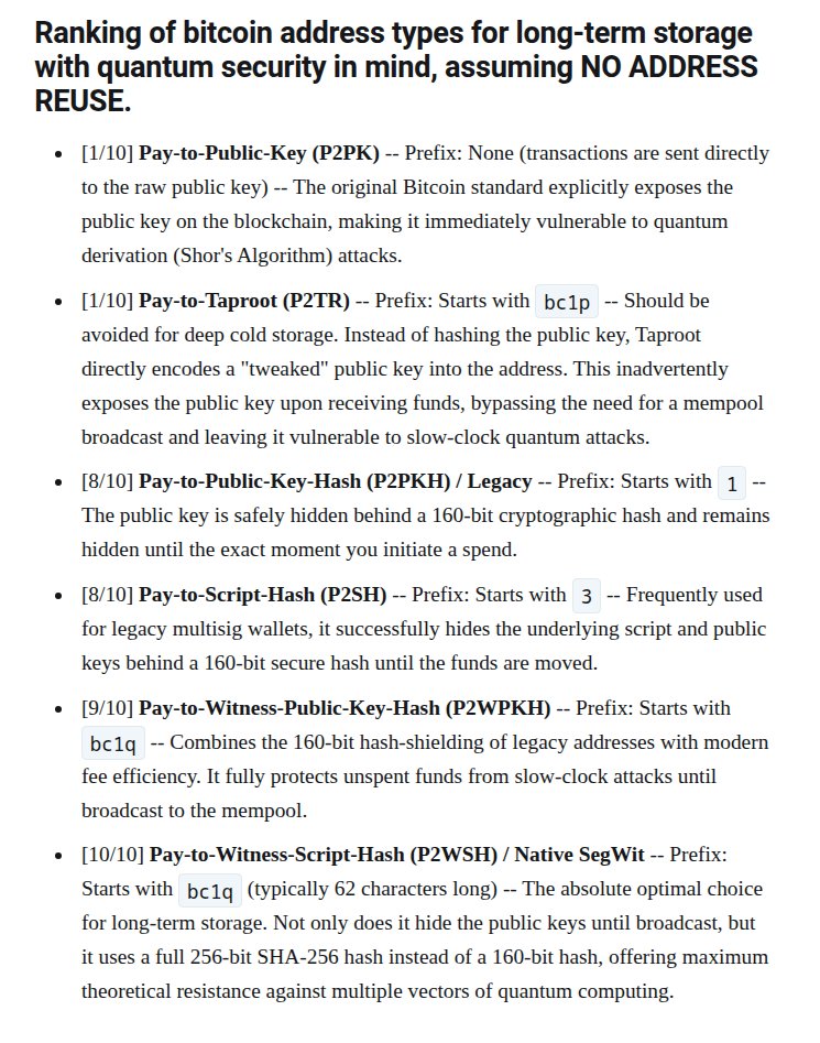 I have updated my Quantum Infeasibility (?) article with new addenda given the latest research coming out that is relevant to the security of elliptic curve cryptography (ECC) and bitcoin private keys.

bc1984.com/quantum-infeas… #CRQC 

Ranking of bitcoin address types for security