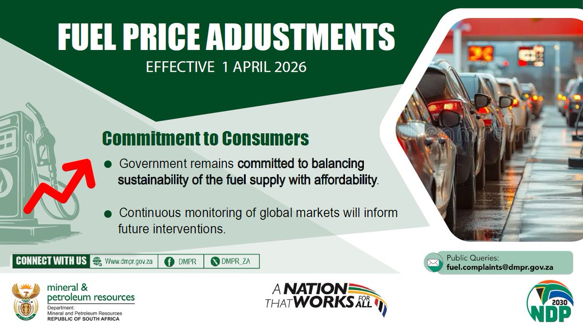 SAgovnews's tweet image. #PetrolPrice | National Treasury and the Department of Petroleum and Mineral Resources have announced a temporary R3 reduction to the general fuel levy to mitigate the effects of rising fuel prices – bringing some relief to motorists.
#FuelPrice #GovZAUpdates