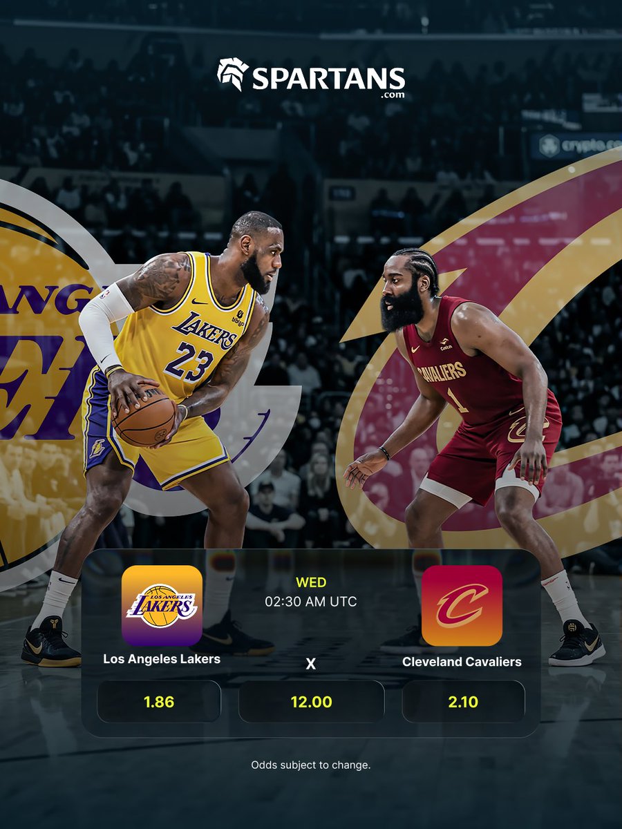 SpartansBet's tweet image. 🏀 A matchup built for the big stage.

Los Angeles Lakers vs Cleveland Cavaliers

📅 Wed, 01.04.2026
⏰ 02:30 AM UTC

All eyes on this game.

#Spartans #NBA #Lakers #Cavaliers #GameNight