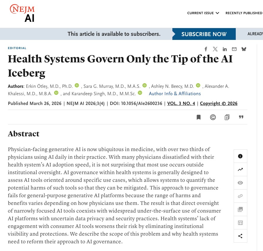 arjunmanrai's tweet photo. What do health systems govern when it comes to AI? @kdpsinghlab and colleagues argue it's only the tip of the iceberg in the latest @NEJM_AI: https://t.co/exwA1KQVoY