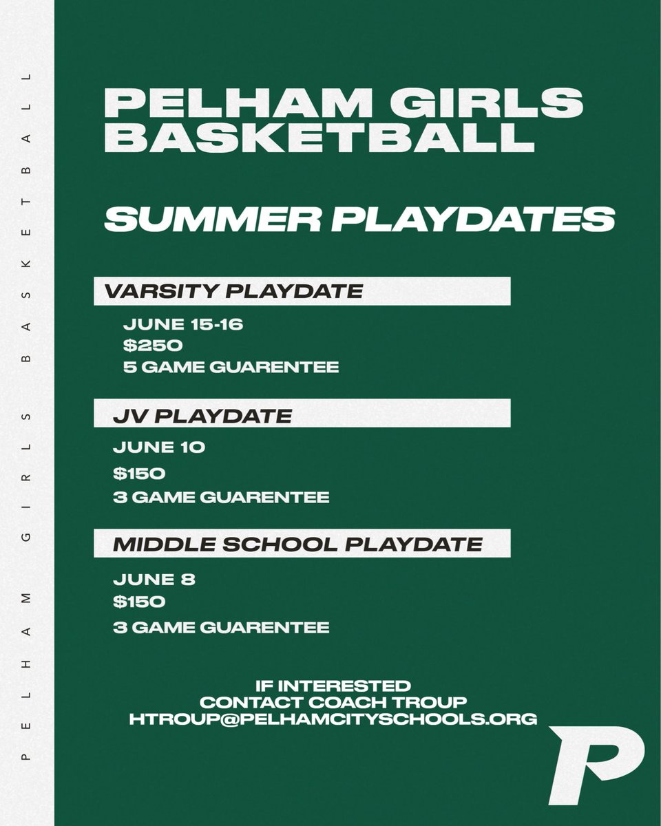 ThePelhamWayWBB's tweet photo. Spots still available for Pelham GBB Summer Play dates, as well as our Turkey Tip Off Tournament. 
Contact: htroup@pelhamcityschools.org if interested! https://t.co/NfoZDKqngT