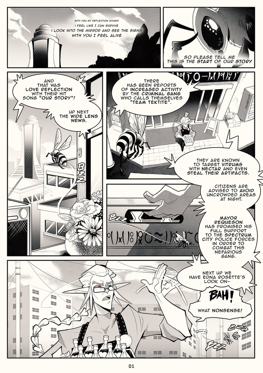 TamarinFrog's tweet photo. Bottled Up | Chapter 1 : Alive Again | Cover + Pages 1-6 (1/2)
A mysterious Wind Glass is caught stealing Nectar on the spot and causes trouble to local police officer and Chromato-Mart owner, RGB. Who is this thief and why is he stealing Nectar? And is RGBhiding something? https://t.co/U6QqfaiKCp