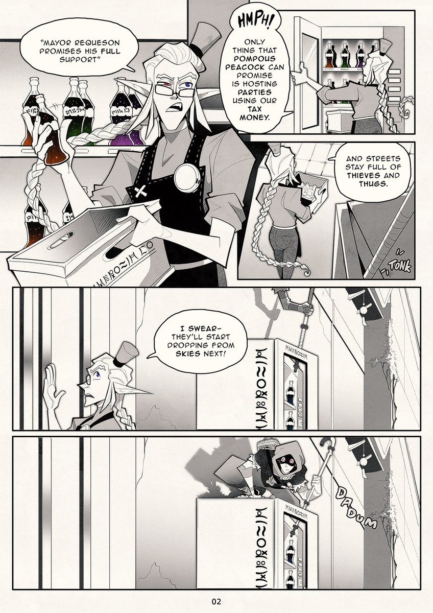 TamarinFrog's tweet photo. Bottled Up | Chapter 1 : Alive Again | Cover + Pages 1-6 (1/2)
A mysterious Wind Glass is caught stealing Nectar on the spot and causes trouble to local police officer and Chromato-Mart owner, RGB. Who is this thief and why is he stealing Nectar? And is RGBhiding something? https://t.co/U6QqfaiKCp