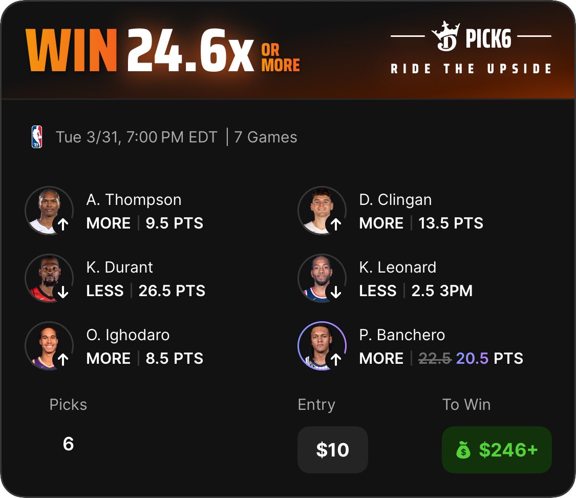 Check out my DraftKings Pick6 Entry! pick6.draftkings.com/?sport=NBA&pic…