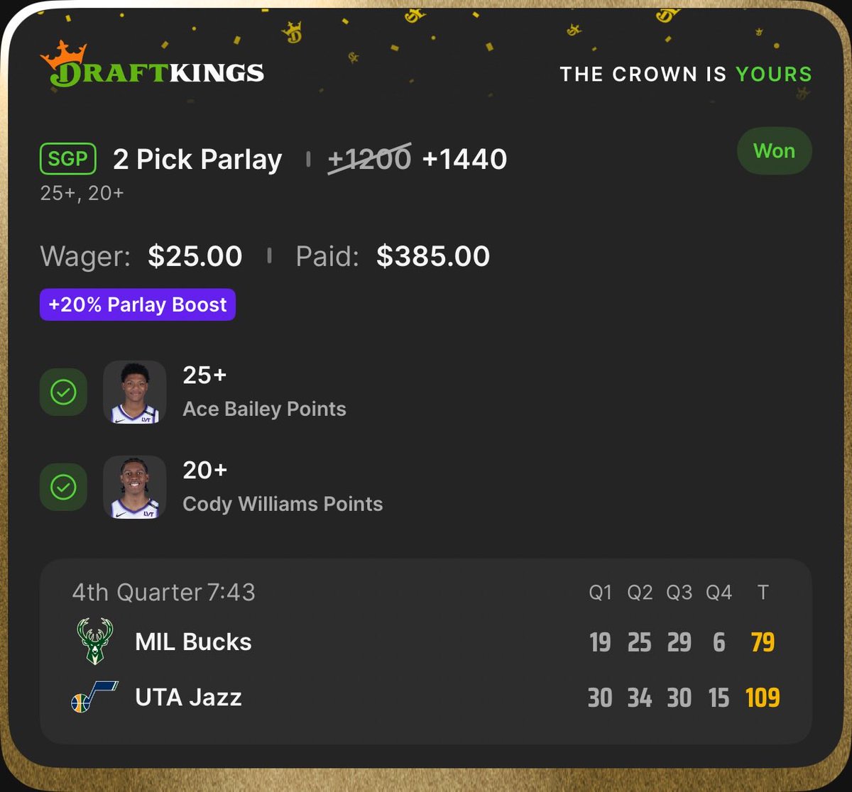 jeazy_money's tweet photo. Incredibly proud of this month⚡️

✅+21.97U, 81% ROI, 27-38 record✅

I risk 1-2 units a day across 2-4 plays on average. $50unit bettor. I’m a doctor, a father, and this hustle has been great for my family. I don’t bet every day, but I’m transparent, profitable, and the easier bettor to tail 🫡

Only $5 monthly ➡️ https://t.co/syNM2i8RIu

March Stats 📊

🏀NBA: +17.11U
74% ROI (23.1U risked, 21-34 record)
Season Total: +50.56U
3/1: +1.76, 2-0, .75
3/3: +1.36, 2-1, 1 
3/4: +3.71, 2-3, 2 
3/5: -.35, 1-5, 2.15
3/6: +1.14, 2-3, 2.45
3/7: +.97, 1-1, 1
3/8: -2.1, 0-5, 2.1
3/9: -1, 0-2, 1
3/10: -1, 0-2, 1
3/11: +.17, 1-1, 1
3/12: -.5, 0-1, .5
3/13: -.4, 0-2, .4
3/15: -.5, 0-1, .5
3/19: +6.7, 2-0, 1
3/21: even, 1-2, 2
3/23: +4.2, 2-2, 1.25
3/24: +2.49, 3-1, 1
3/25: +.33, 1-1, 1
3/29: +.13, 1-1, 1

⚾️MLB: +4.86U
121% ROI (4U risked, 6-4 record)
3/25: +1.1, 2-1, 1
3/26: +1.37, 2-0, 1.4
3/27: -.6, 0-2, .6
3/28: -.4, 0-1, .4
3/29: no plays 
3/30: +3.36, 2-0, .6