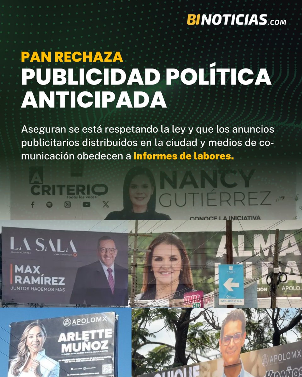 BI_Noticias's tweet photo. 🔴 RECHAZA PAN QUE PUBLICIDAD DE PERFILES POLÍTICOS SEA ACTO ANTICIPADO DE CAMPAÑA

Como “presencia y difusión del trabajo” cataloga el PAN Aguascalientes a los anuncios publicitarios de diversos perfiles políticos y militantes blanquiazules.

Javier Luévano Núñez, presidente estatal del partido, dice que esperará a que haya una acreditación de presuntos los actos anticipados de campaña, que Morena señala. “Las corcholatas las inventaron ellos”, enfatiza.

Cuestionado sobre los tiempos electorales, Luévano Núñez reitera que el PAN está respetando la ley y que los anuncios publicitarios distribuidos en la ciudad y medios de comunicación obedecen a informes de labores.

Detalles aquí: https://t.co/IisXCHucsN