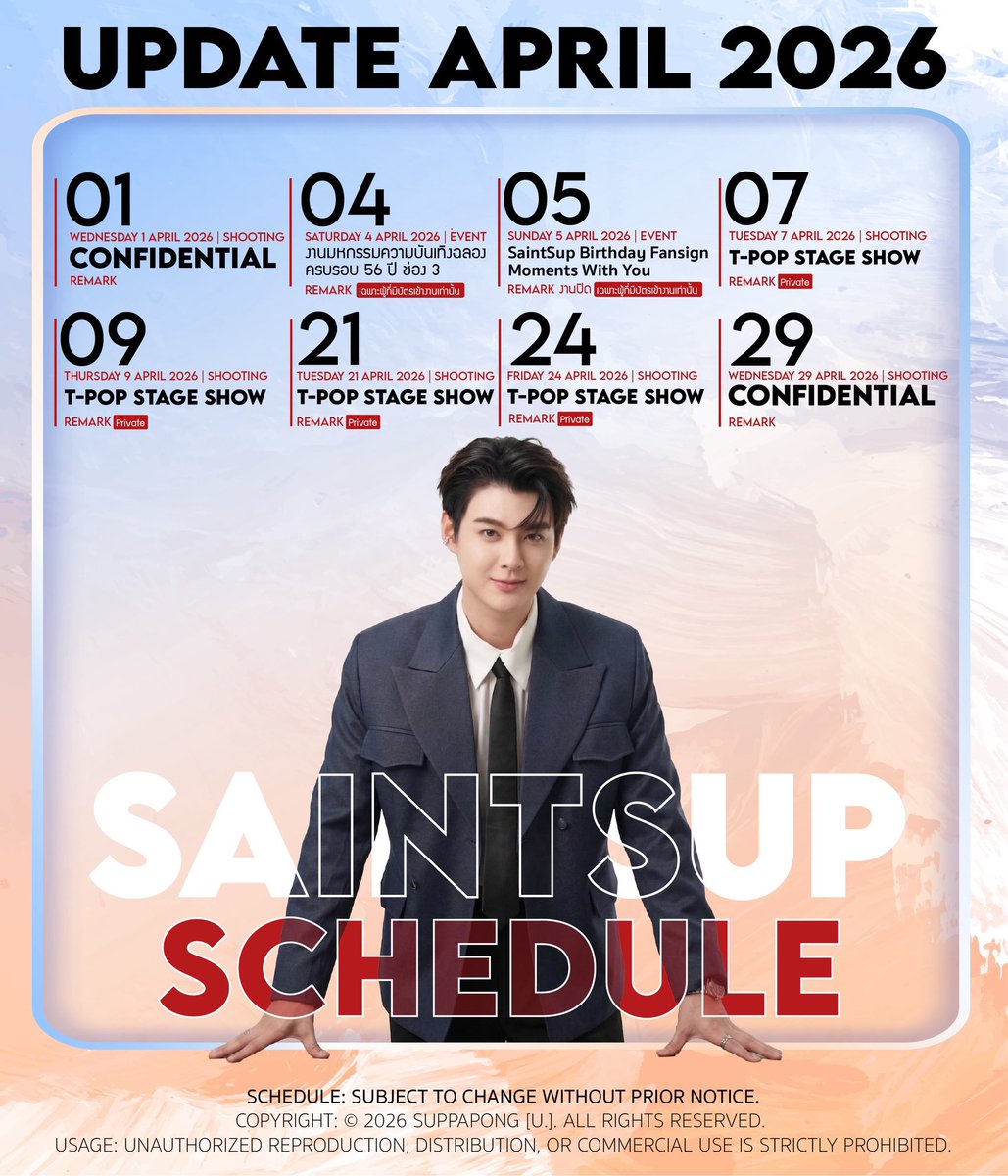 Saint Suppapong's Monthly Schedule  

🗓️ APRIL 2026

#Saint_sup #MingEr