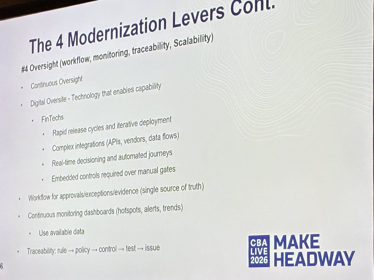 DoddFrankUpdate's tweet photo. The “Compliance as a Capability” session featured in-depth discussion about the 4 levers of #compliance modernization and how it can be a vital part of a company’s strategic plans. @ConsumerBankers #CBALIVE26 https://t.co/c0K7ck2GKs