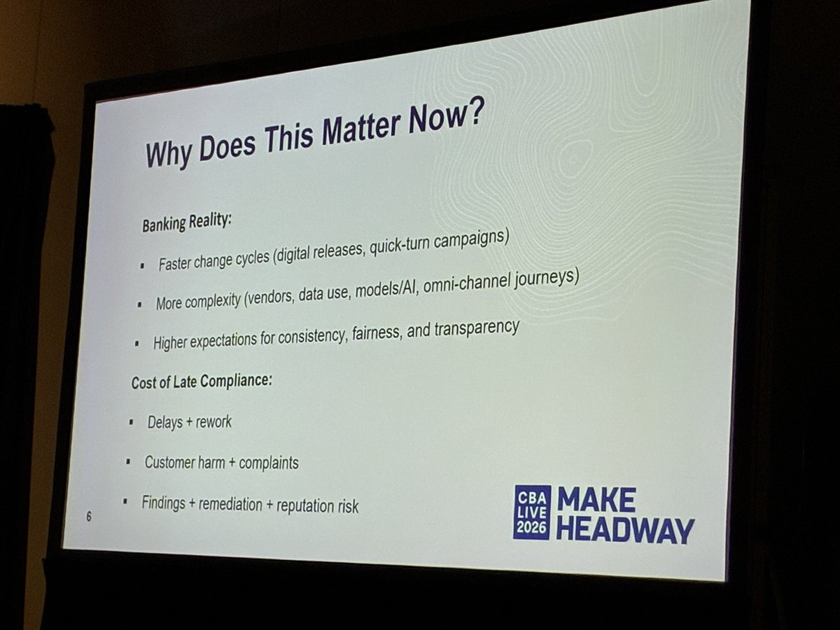 DoddFrankUpdate's tweet photo. The “Compliance as a Capability” session featured in-depth discussion about the 4 levers of #compliance modernization and how it can be a vital part of a company’s strategic plans. @ConsumerBankers #CBALIVE26 https://t.co/c0K7ck2GKs
