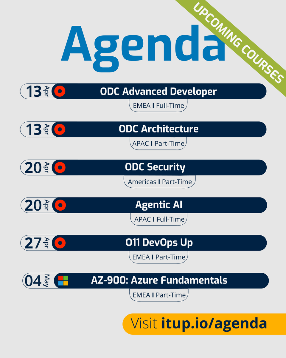 _ITUp_'s tweet photo. Future-proof your tech stack this April &amp; May! 🚀

New specialized tracks are now open, global sessions (EMEA/APAC/Americas) in both Full-Time &amp; Part-Time formats. 🌍 

Secure your spot: https://t.co/rA8ylViSuN 👈

#ODC #AgenticAI #Azure #DevOps #itup https://t.co/dmdcyDarSO