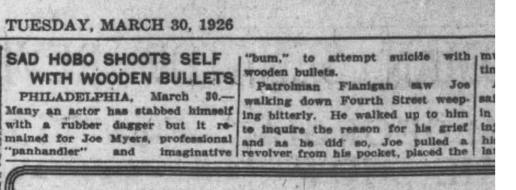 100YearsAgoLive's tweet photo. A sad hobo in Philadelphia tries to kill himself with wooden bullets.

He has a few splinters in his head, but he’s otherwise okay. https://t.co/7NPGEbuNes