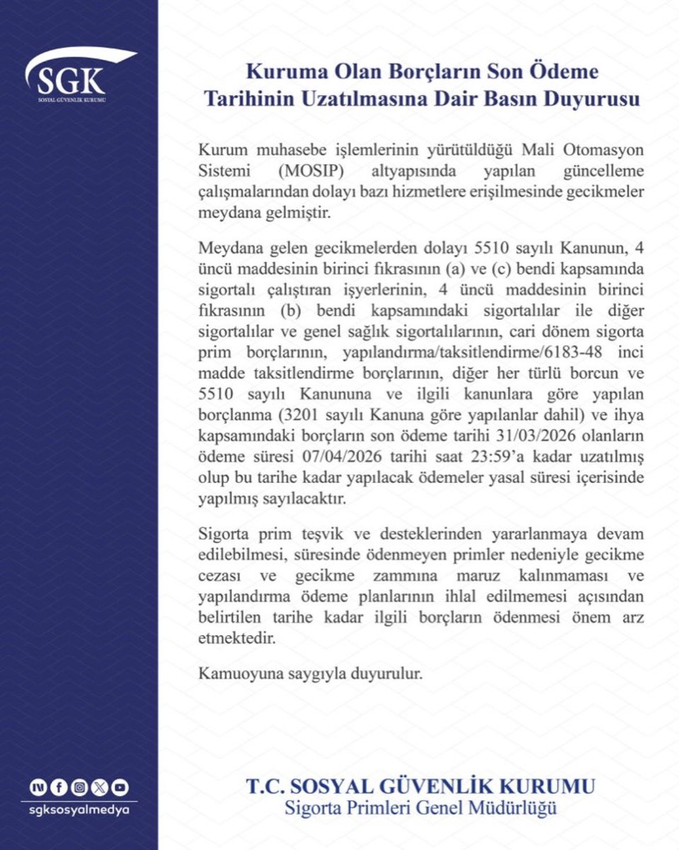 RizeSGK's tweet photo. Kuruma Olan Borçların Son Ödeme Tarihinin Uzatılmasına Dair Basın Duyurusu https://t.co/3MWOZ9M6AJ