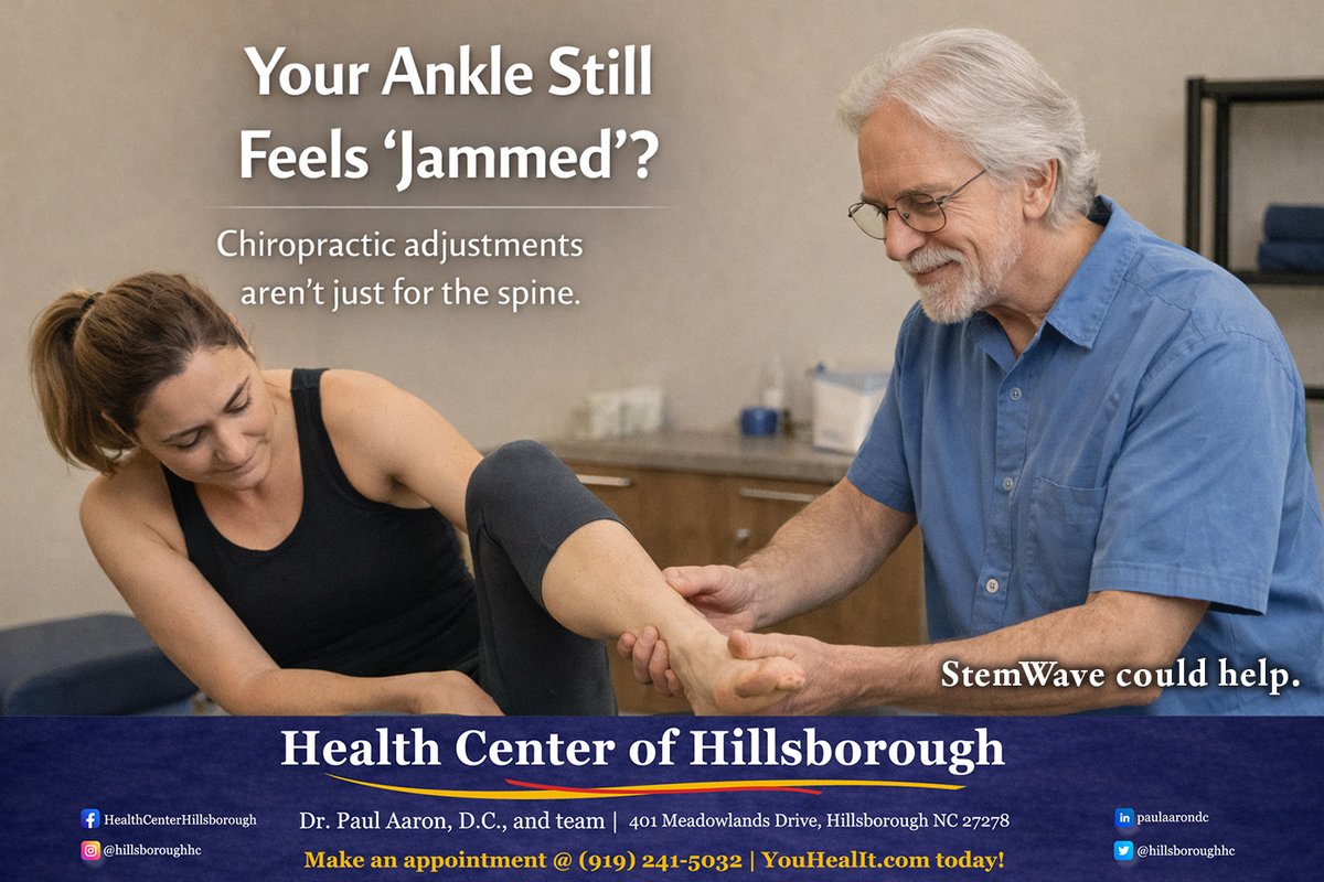 HillsboroughHC's tweet photo. Ankle Still Feels “Jammed”?
Chiropractors don’t only adjust spines.
We adjust joints.
They all affect how you move.
And when one isn’t moving well, something else pays the price.
Let’s take a look at it.
Make an appointment @  (919) 241-5032 | https://t.co/74NTZCr8dD today! https://t.co/lVXv47IacI