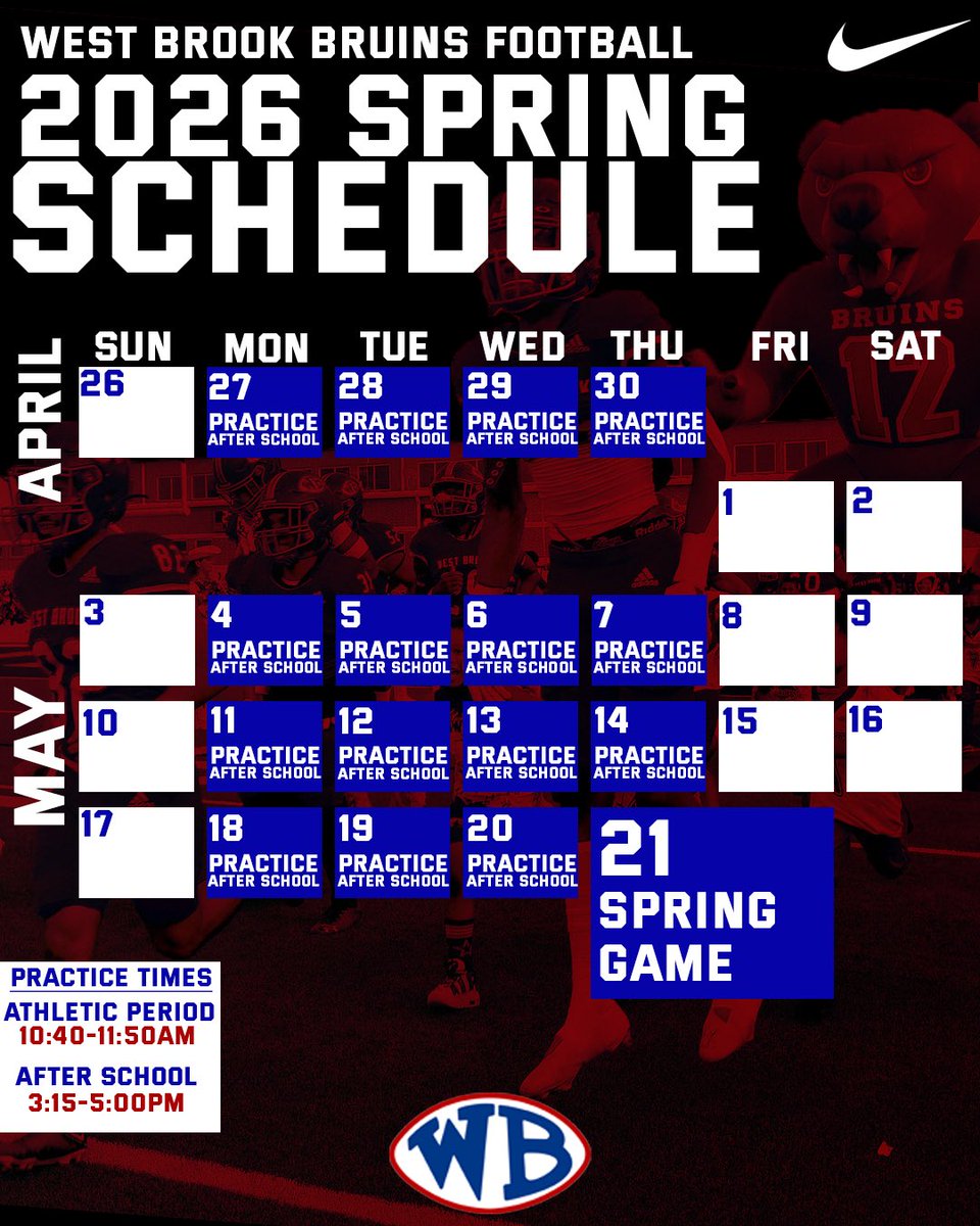 football_brook's tweet photo. Spring ball is here 🏈

The work starts now as we build for the next season. Check out the 2026 Spring Schedule and mark your calendars for the Spring Game on May 21!

Let’s get better every day.
#BrookFamily #AllInAllYear https://t.co/xScD3x38V7