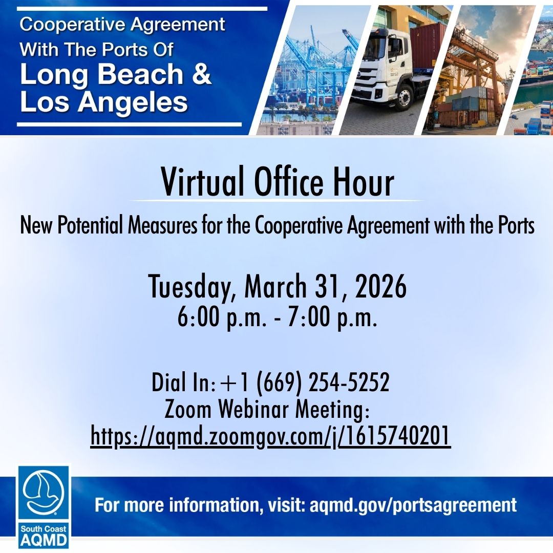 SouthCoastAQMD's tweet image. REMINDER: Join us during today's virtual Office Hour starting at 6:00 PM to share your input on potential additional measures for our Cooperative Agreement with the Ports of #LongBeach and #LosAngeles: aqmd.gov/portsagreement

#CleanAir #GoodsMovement #PublicInput